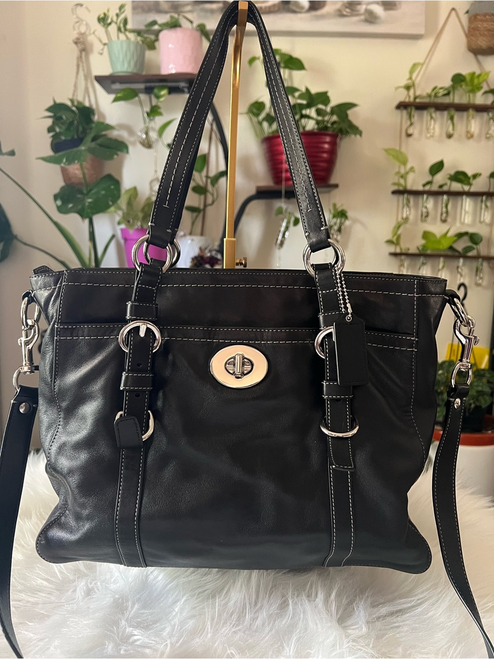 Coach Black Leather Satchel with Silver Hardware